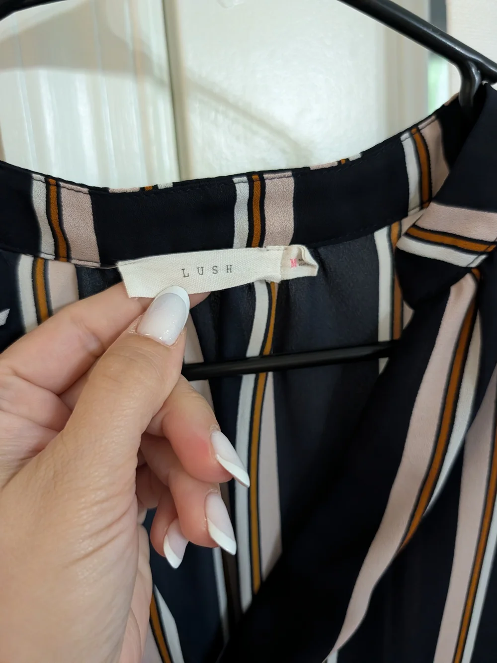 Lush Black Striped V-Neck Blouse with Tan & Cream Accents
